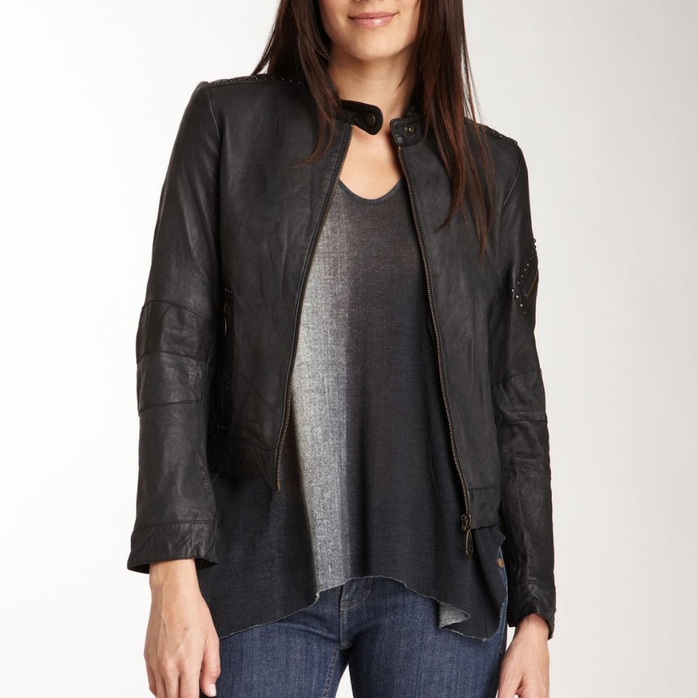 DOMA New Studded Washed Textured Lamb Leather MOTO Jacket L Coat BLACK NWT $750